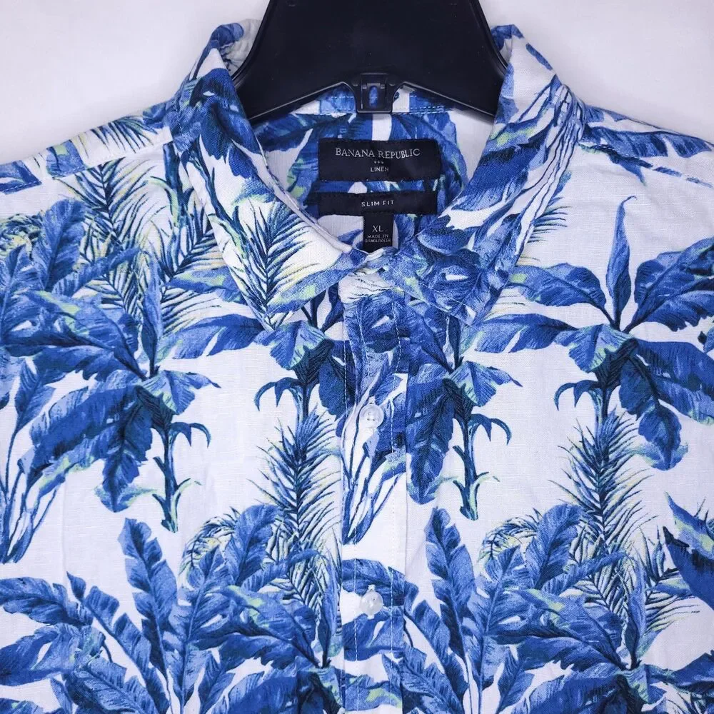 Banana Republic Linen Shirt Mens XL Floral Palm Blue, White Slim Fit